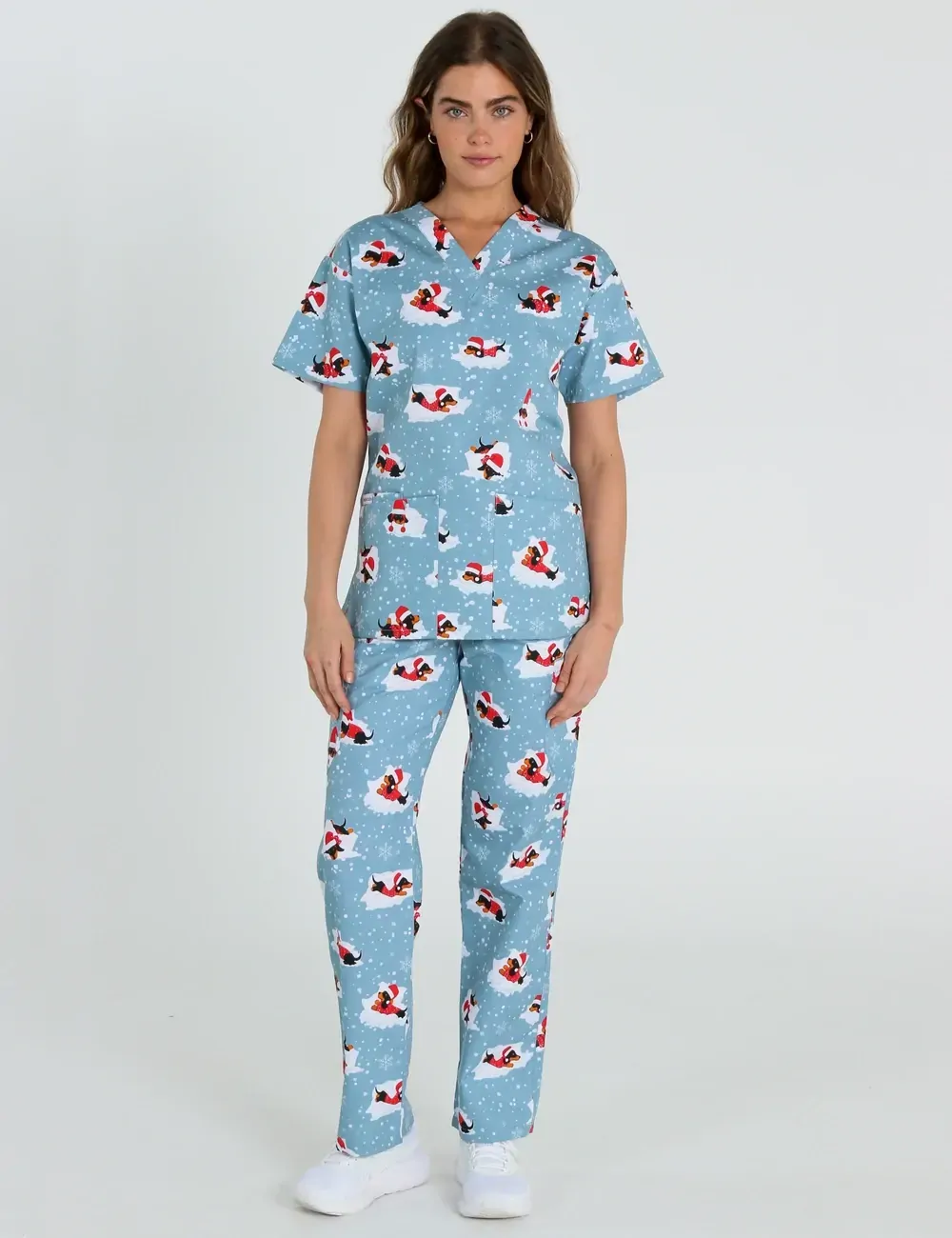 Dachshund Doggy Christmas Snuggles Women's Classic Scrub Top - XS