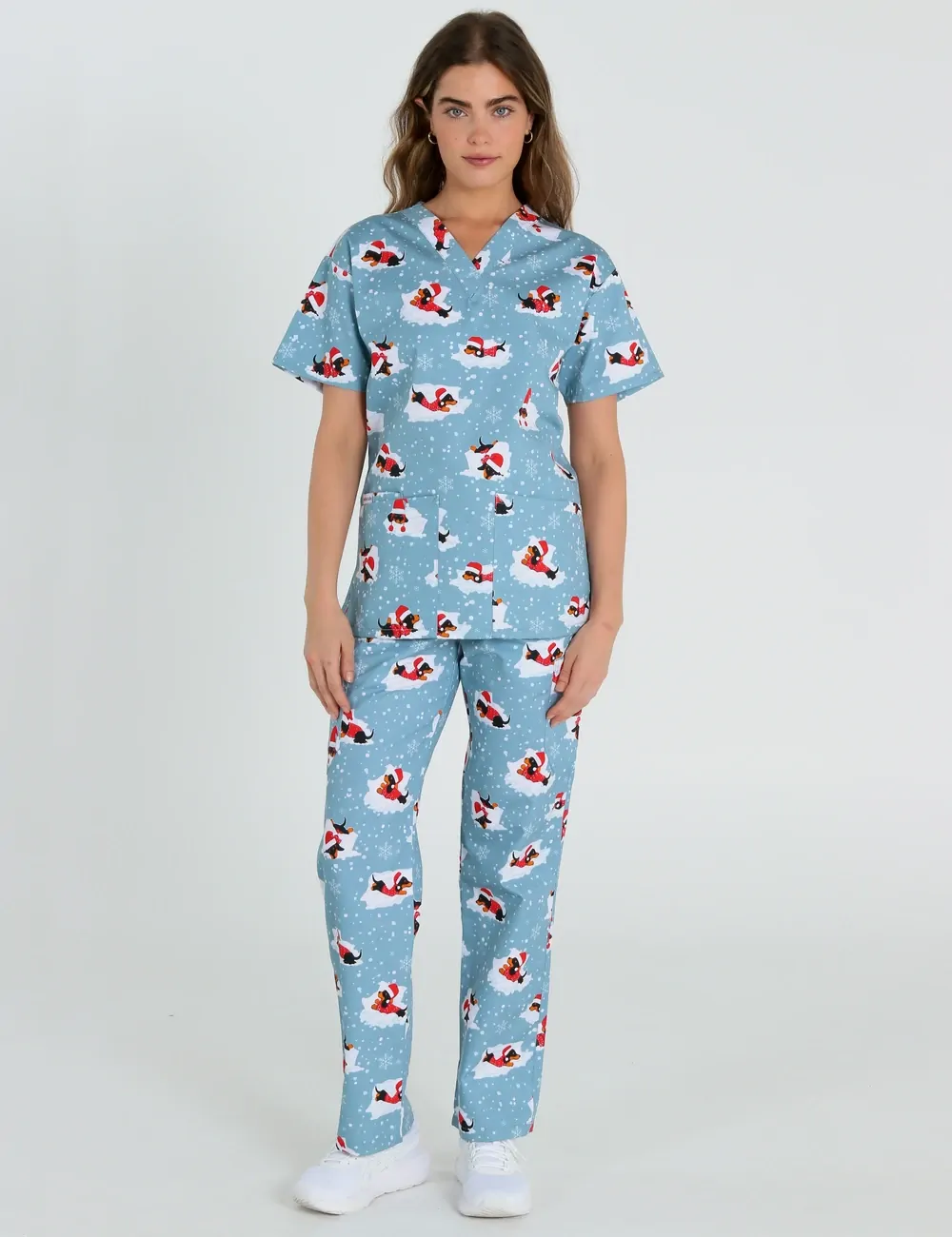 Dachshund Doggy Christmas Snuggles Women's Classic Scrub Top - XXS - 0
