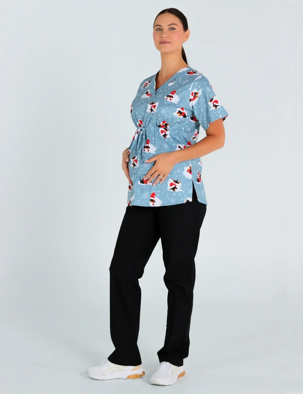 Dachshund Doggy Christmas Snuggles Women's Maternity Scrub Top
