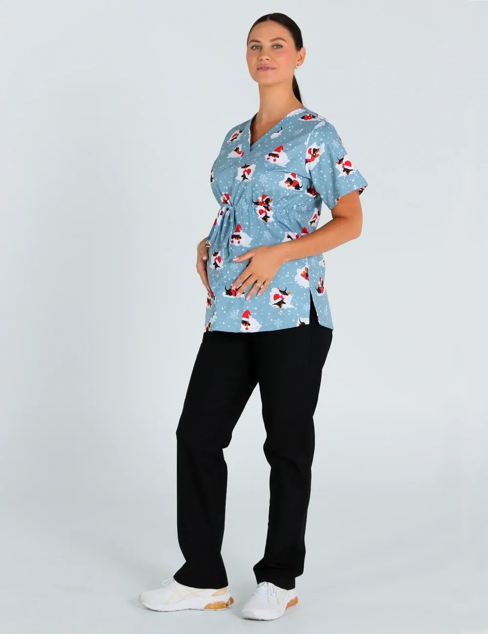 Dachshund Doggy Christmas Snuggles Women's Maternity Scrub Top - XS