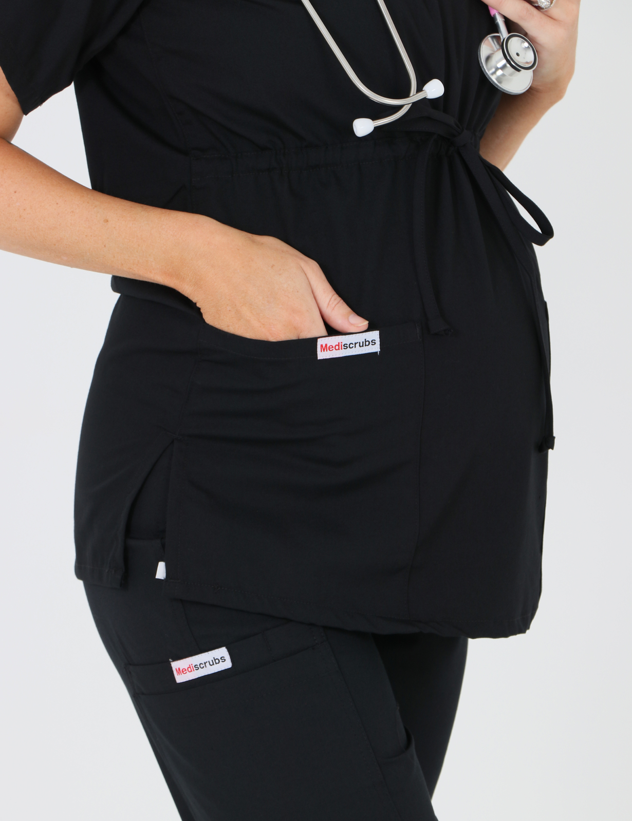 North Shore Private Hospital Radiographer Uniform Top Only Bundle ( Maternity With V-neck & Front Tie Top in Black + Logo)