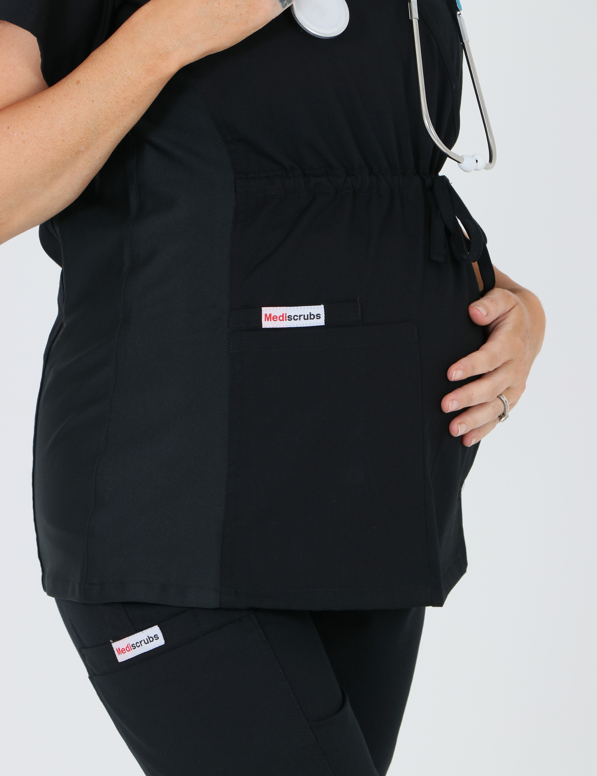 North Shore Private Hospital Nuclear Medicine Technician Uniform Top Only Bundle ( Maternity Spandex Scrub Top in Black  + Logo)