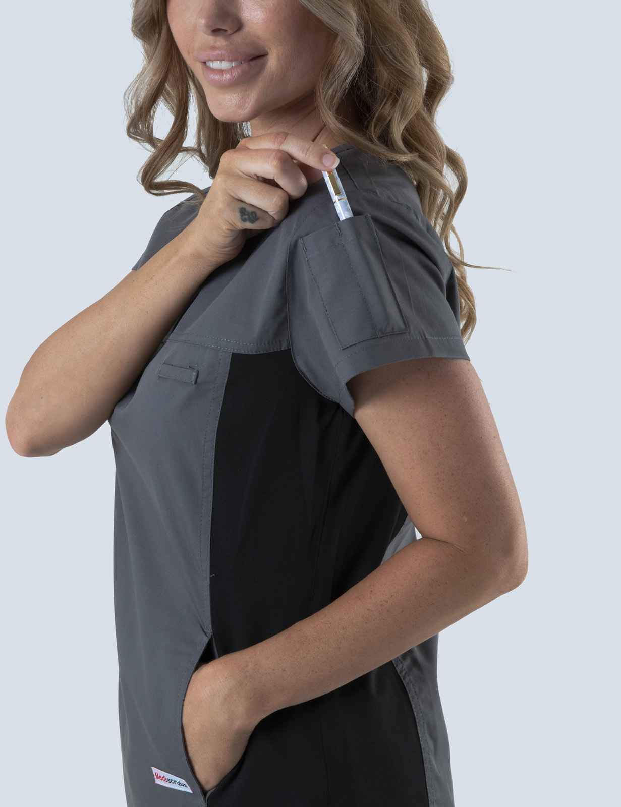 Pathology North (Women's Fit Spandex Scrub Top in Steel Grey and Cargo Pants in Black incl Logos)