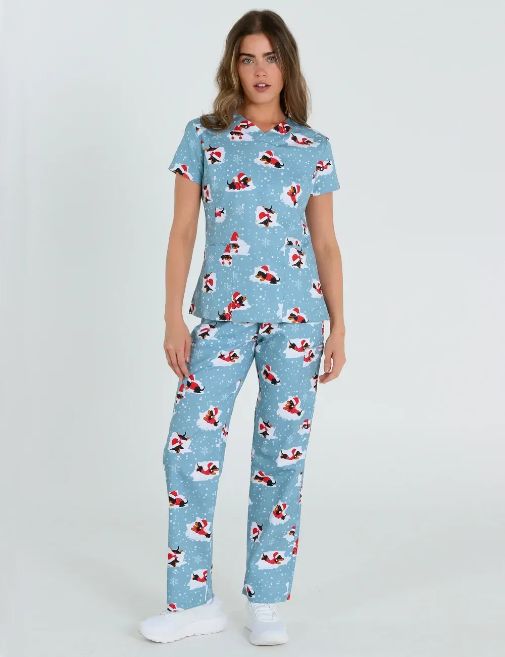 Dachshund Doggy Christmas Snuggles Women's Slim Fit Scrub Top - XS