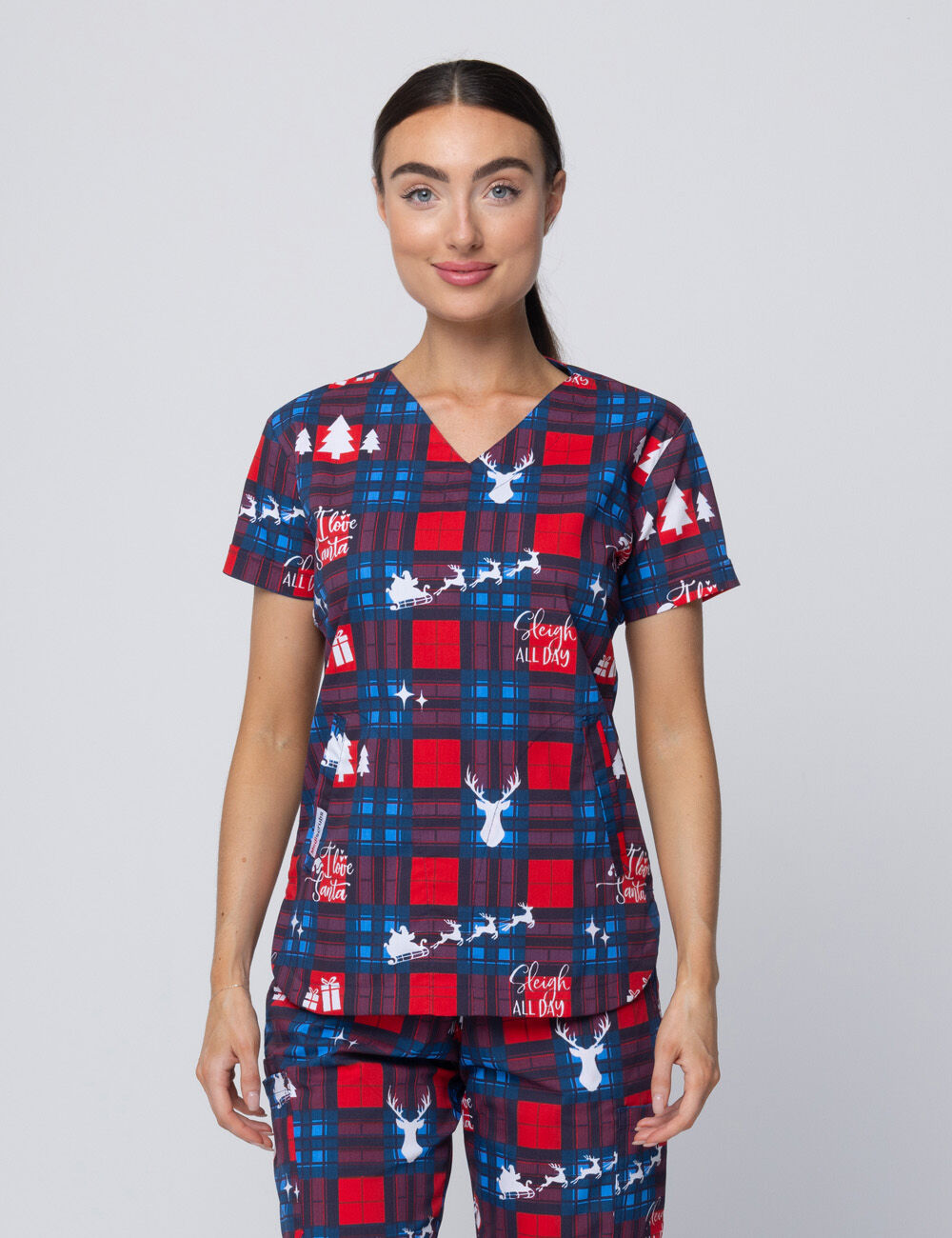 I Love Santa Tartan Women's Luxe Scrub Top - XL - 0