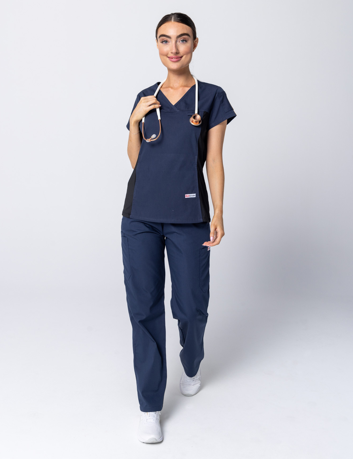 Women's Fit Solid Scrub Top With Spandex Panel - Navy - Small