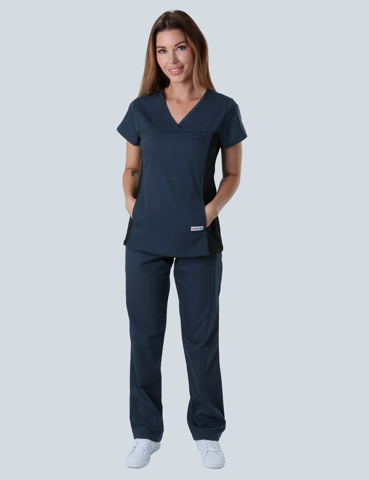 Women's Fit Solid Scrub Top With Spandex Panel - Navy - Medium