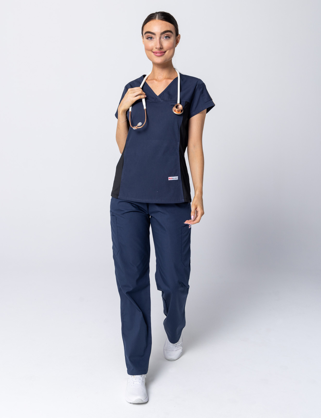Women's Fit Scrub Top With Spandex Panel - Navy - 3X Large