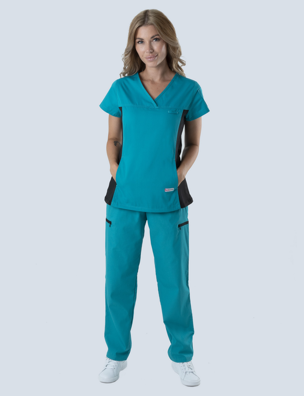 Women's Fit Solid Scrub Top With Spandex Panel - Teal - Medium