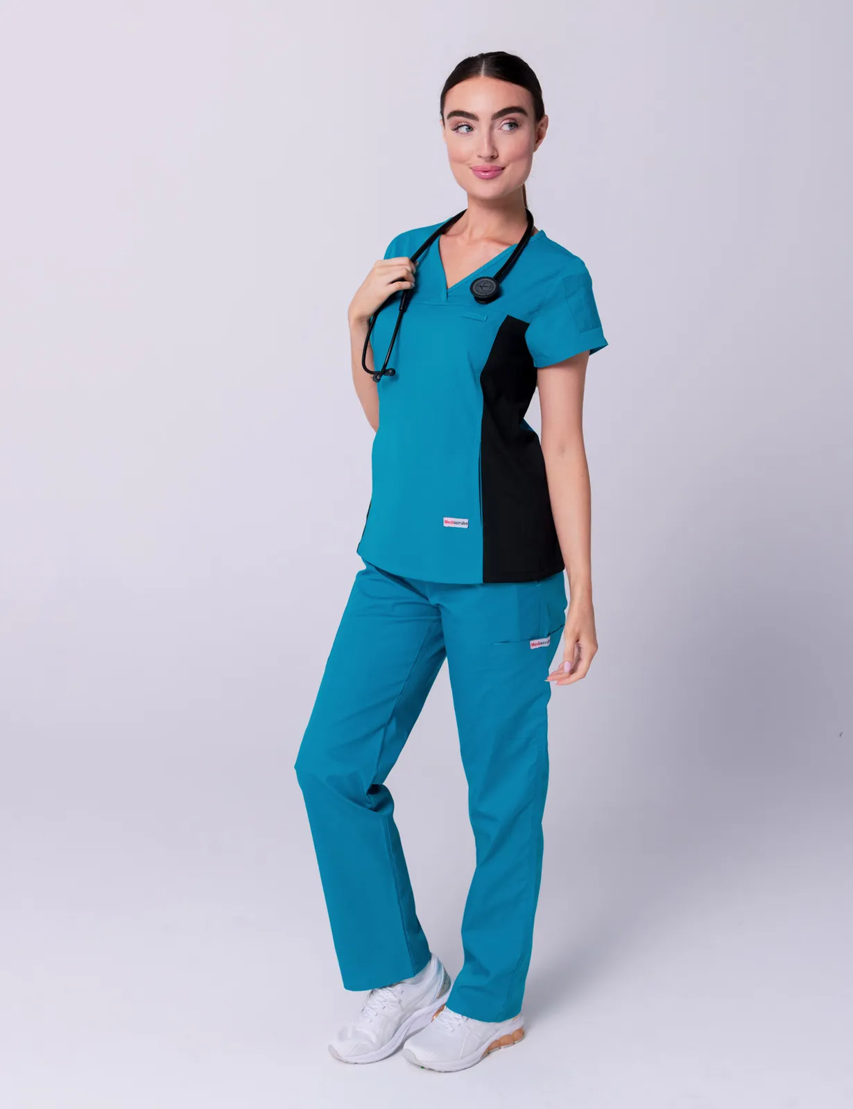 Women's Fit Scrub Top With Spandex Panel - Teal - 3X Large