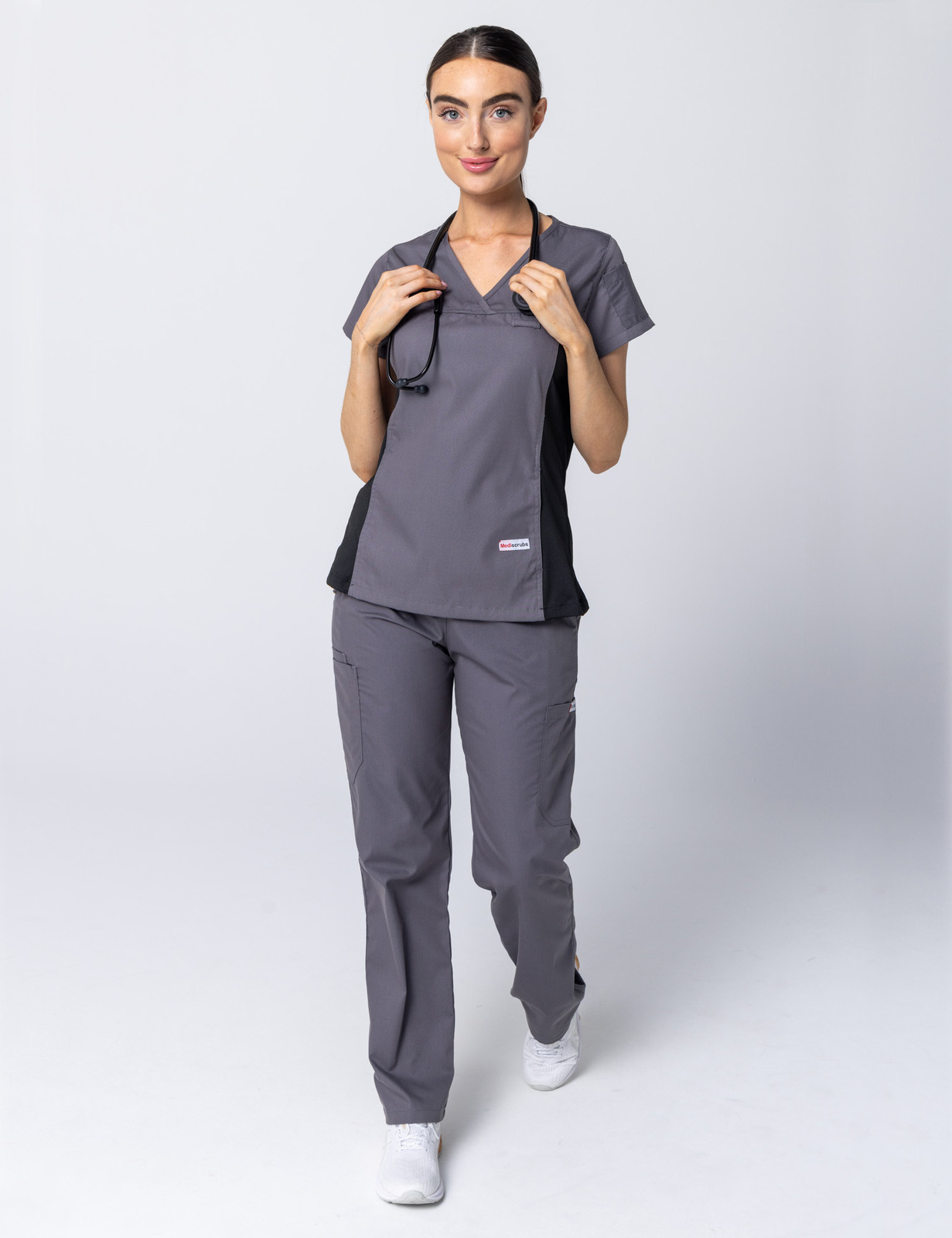 Women's Fit Scrub Top With Spandex Panel - Steel Grey - 3X Large
