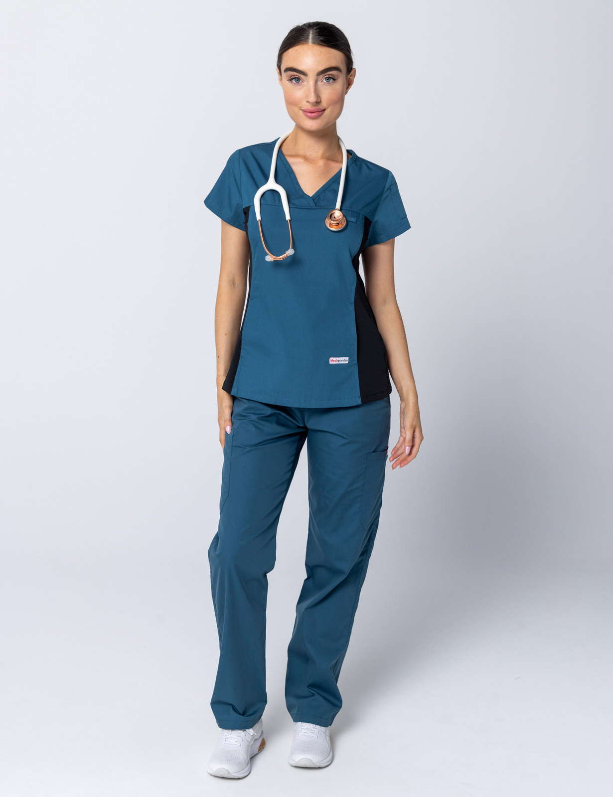 Women's Fit Scrub Top With Spandex Panel - Caribbean - Large