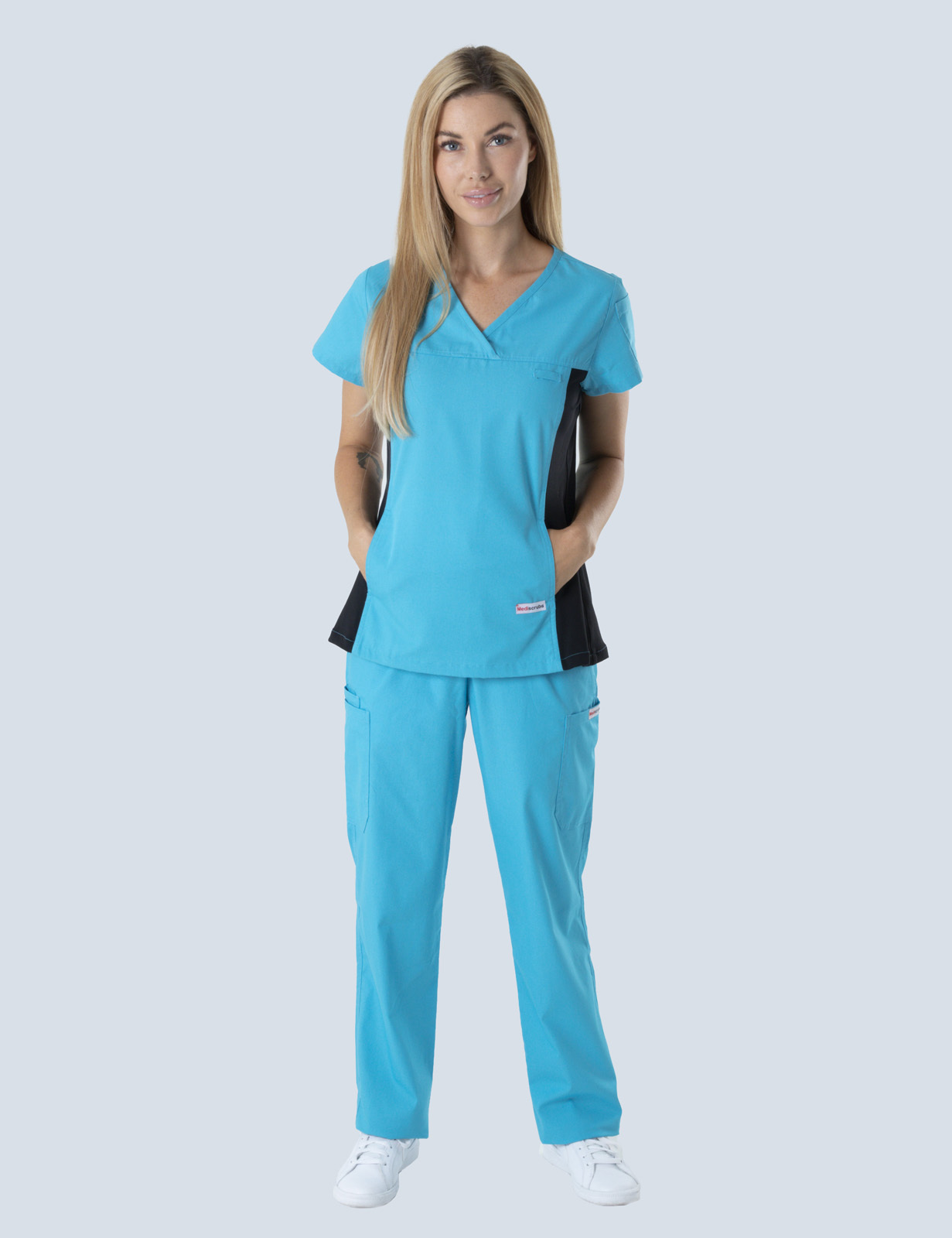 Women's Fit Solid Scrub Top With Spandex Panel - Aqua - Large