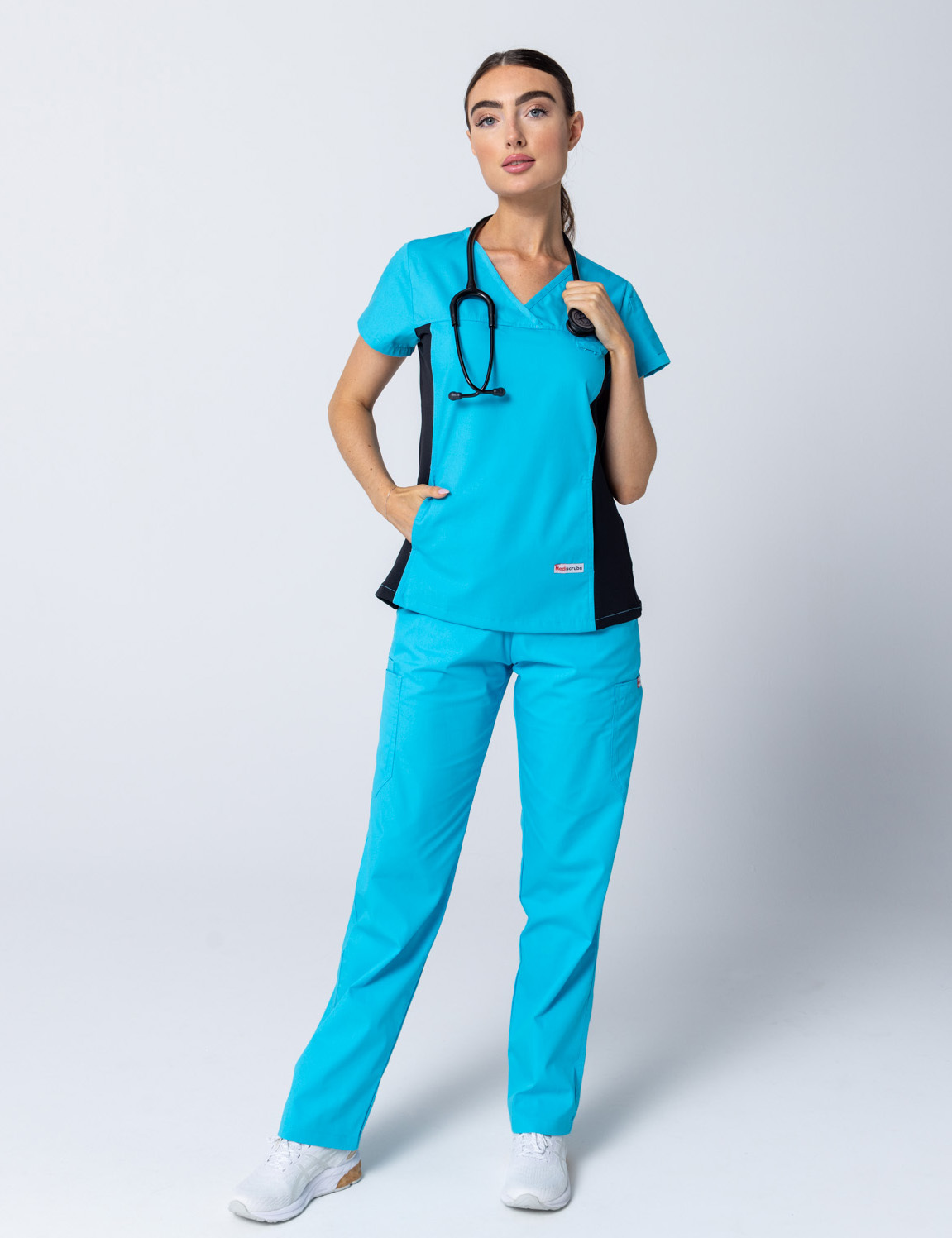 Women's Fit Scrub Top With Spandex Panel - Aqua - 3X Large