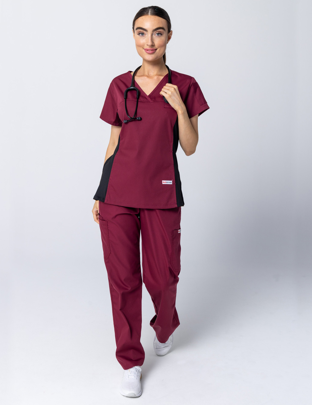 Women's Fit Scrub Top With Spandex Panel - Burgundy - 2X Large