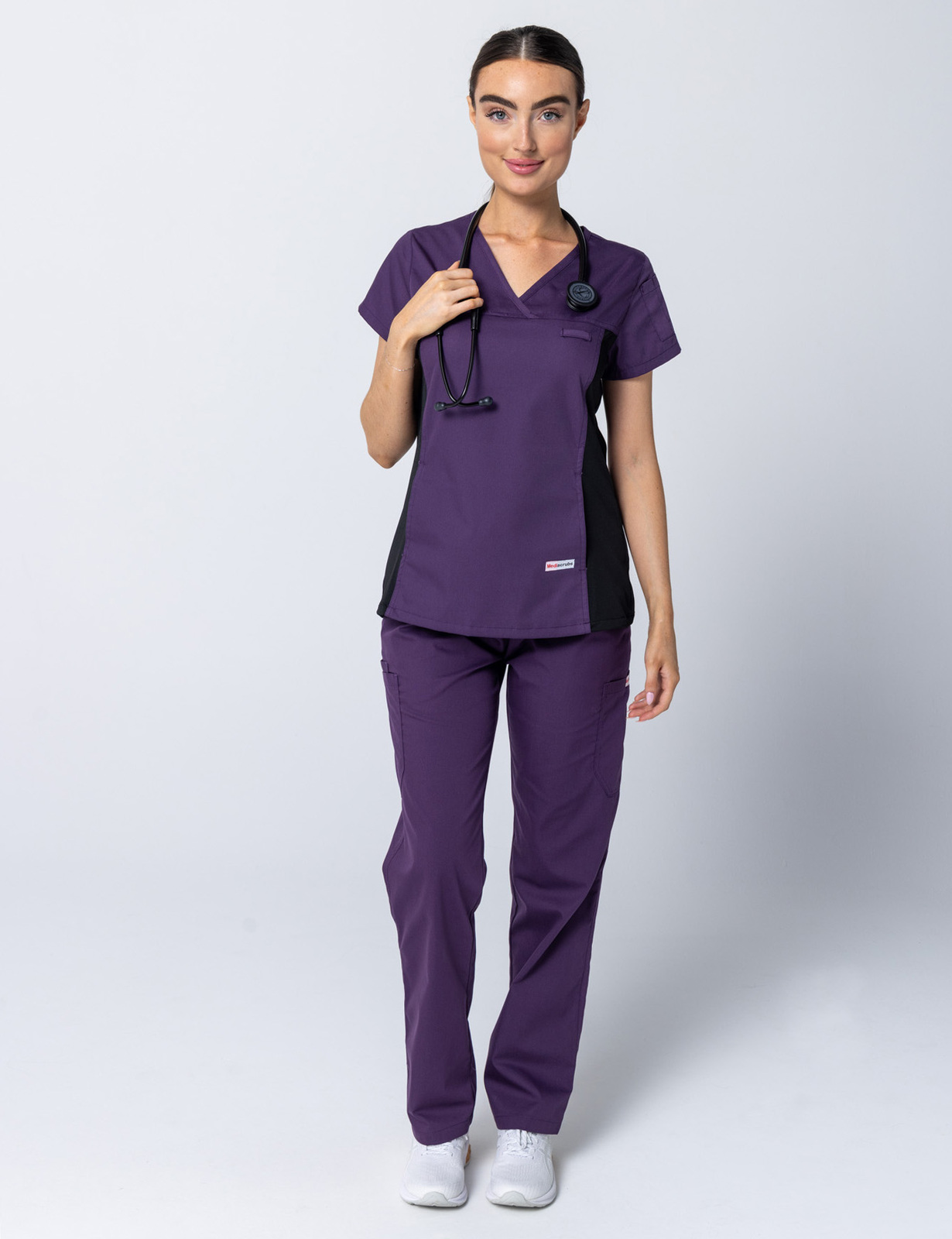 Women's Fit Scrub Top With Spandex Panel - Aubergine - 3X Large