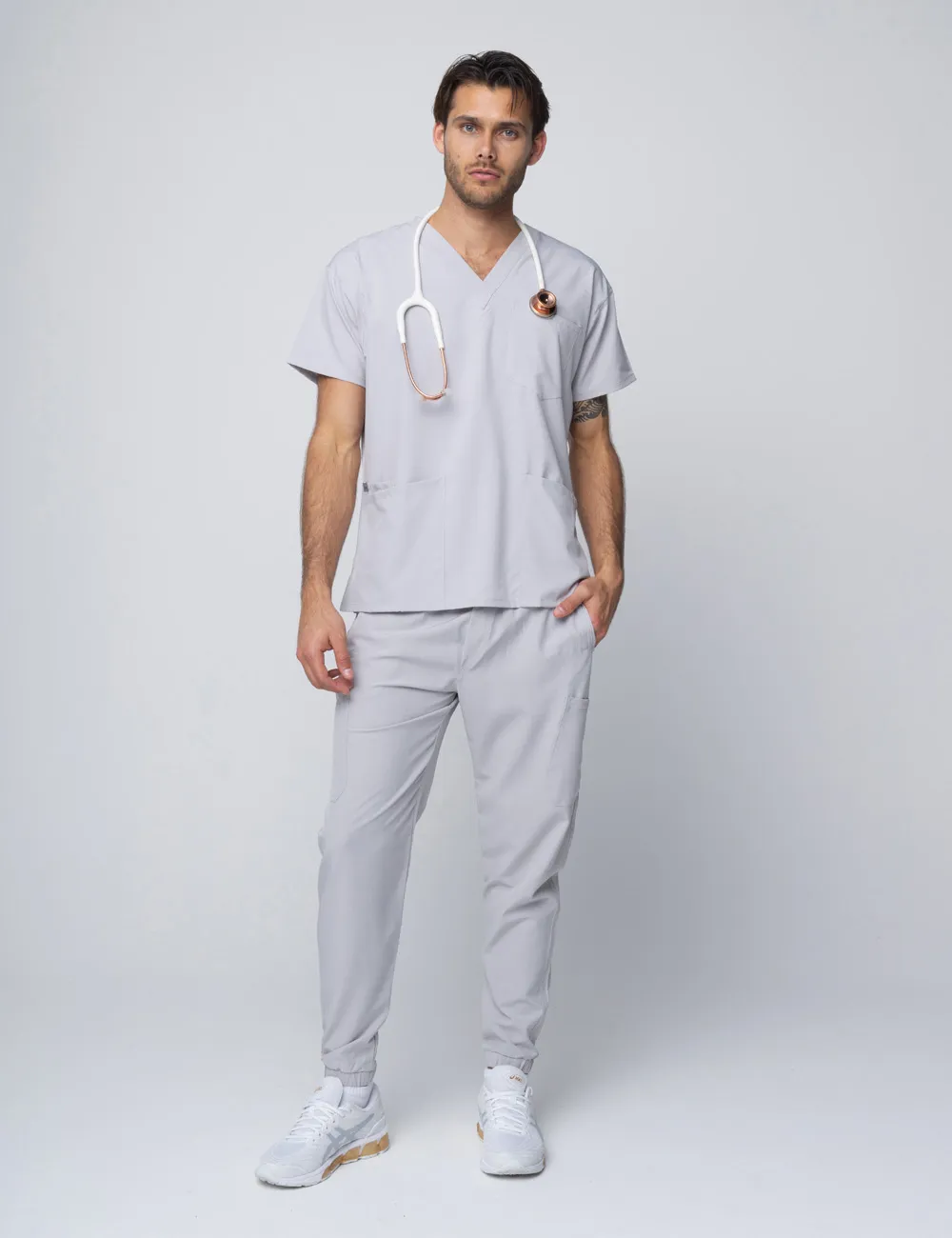 ANON MEN'S 4 POCKET V-NECK TOP  POLY/SPANDEX - SILVER - S