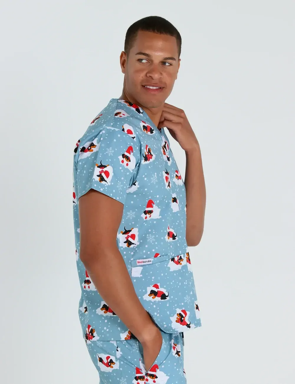 Dachshund Doggy Christmas Snuggles Men's Classic Scrub Top - XL - 1