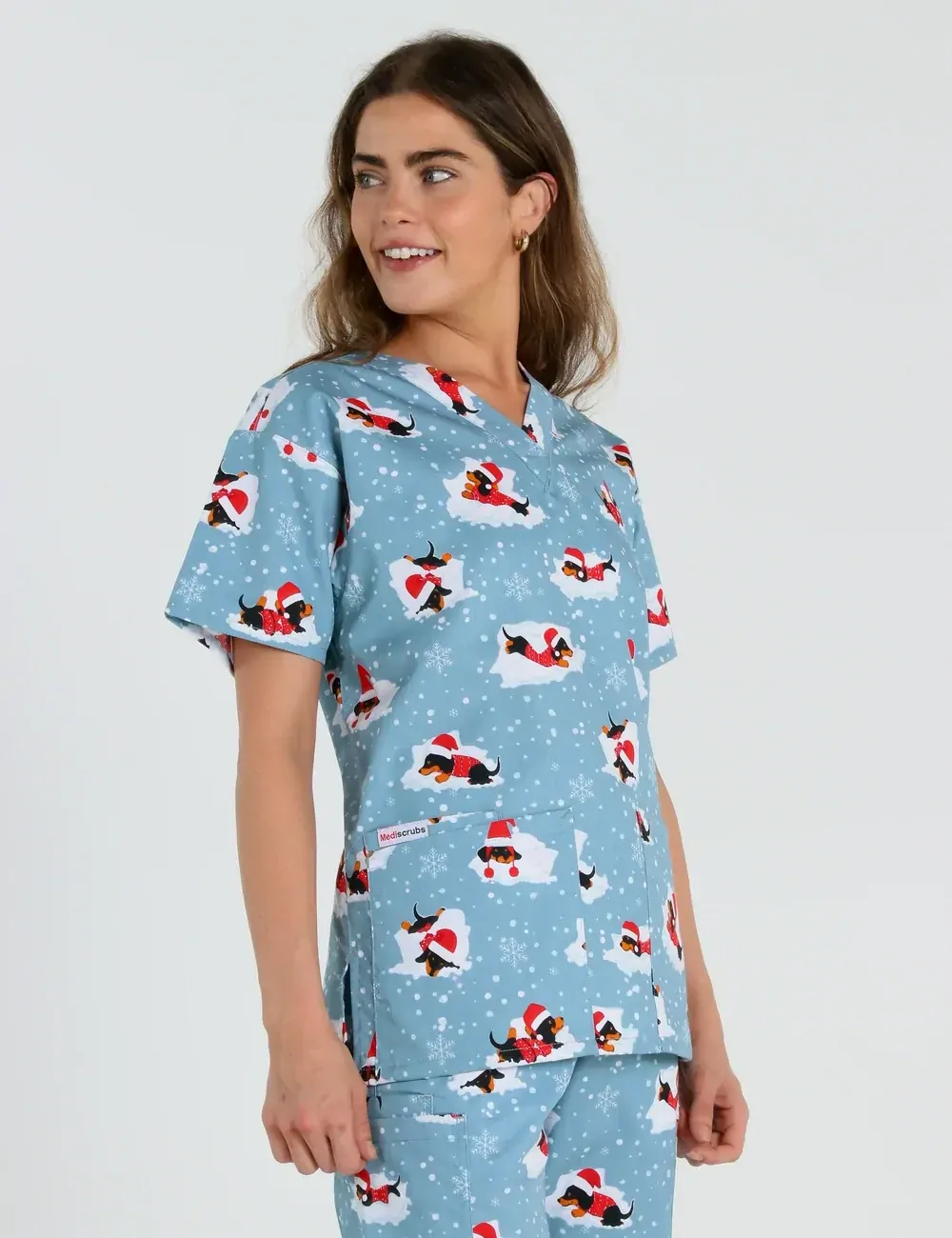 Dachshund Doggy Christmas Snuggles Women's Classic Scrub Top - XL - 1
