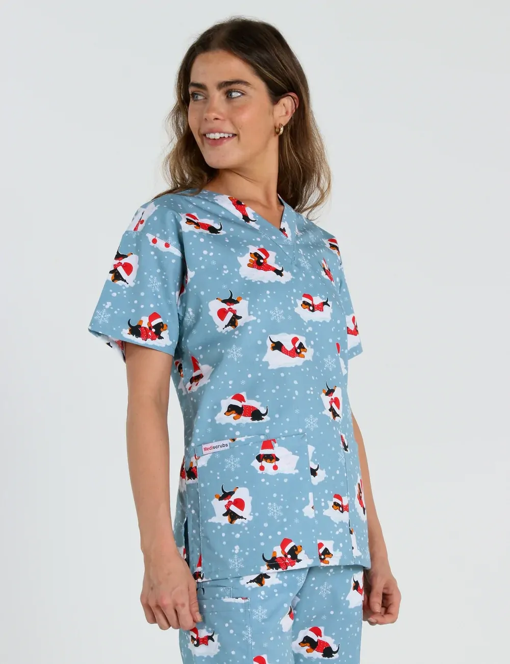 Dachshund Doggy Christmas Snuggles Women's Classic Scrub Top - XXS - 1