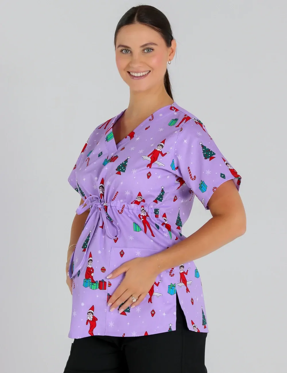 It's Christmastime Women's Maternity Scrub Top featuring The Elf on the Shelf® - XXS - 1