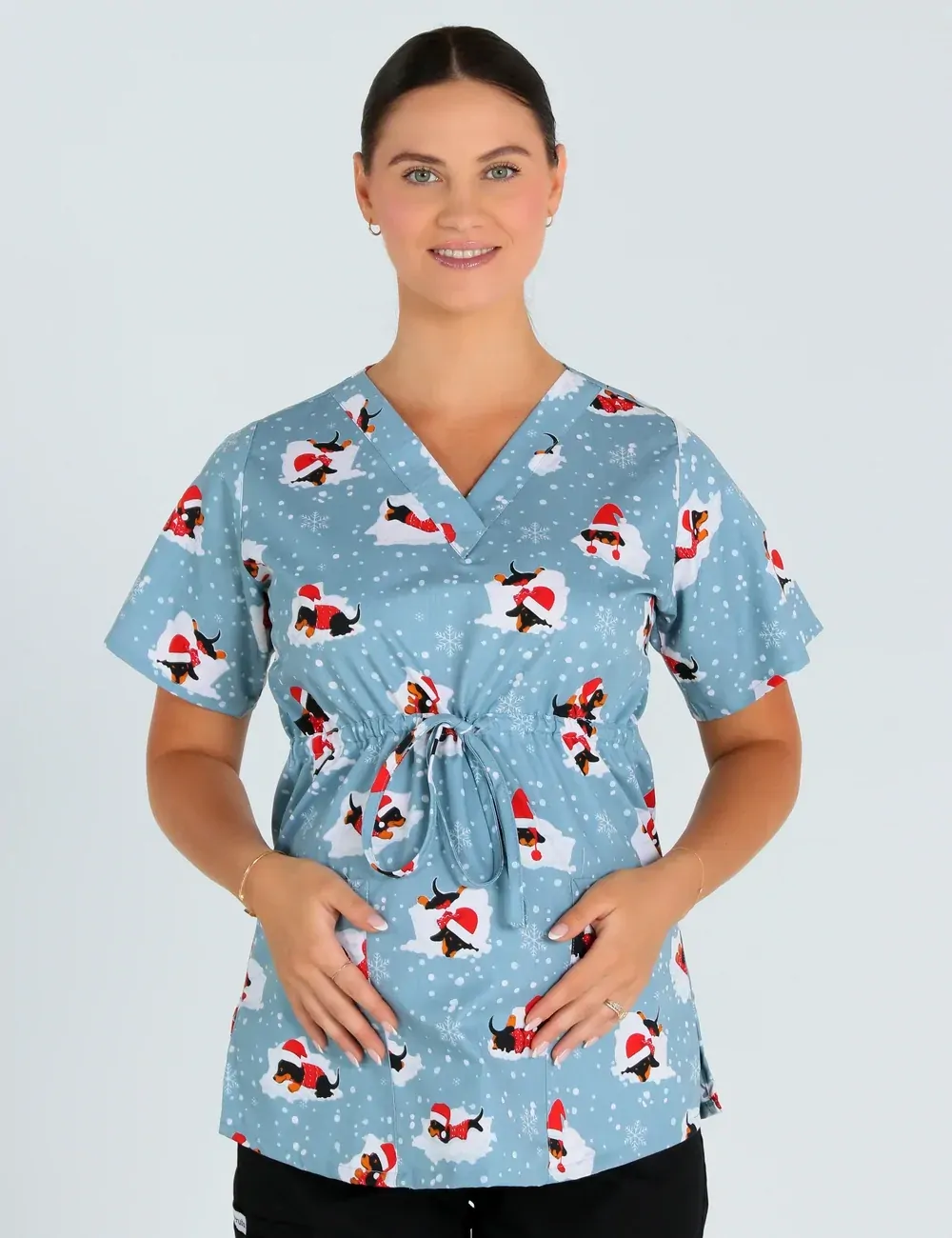 Dachshund Doggy Christmas Snuggles Women's Maternity Scrub Top - XL - 1