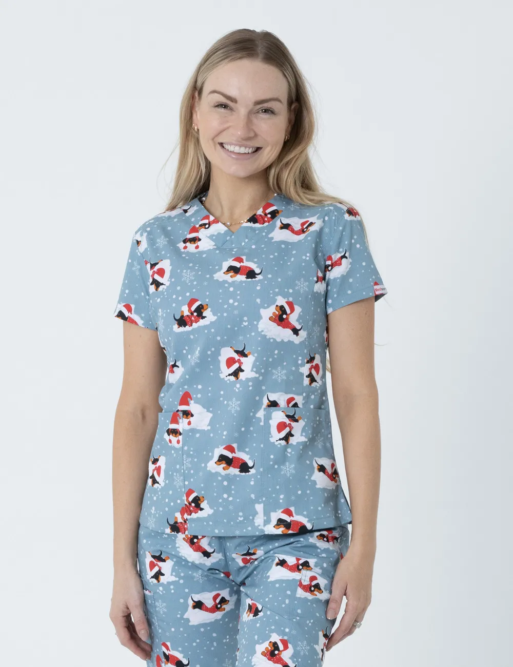 Dachshund Doggy Christmas Snuggles Women's Slim Fit Scrub Top - XXS - 1
