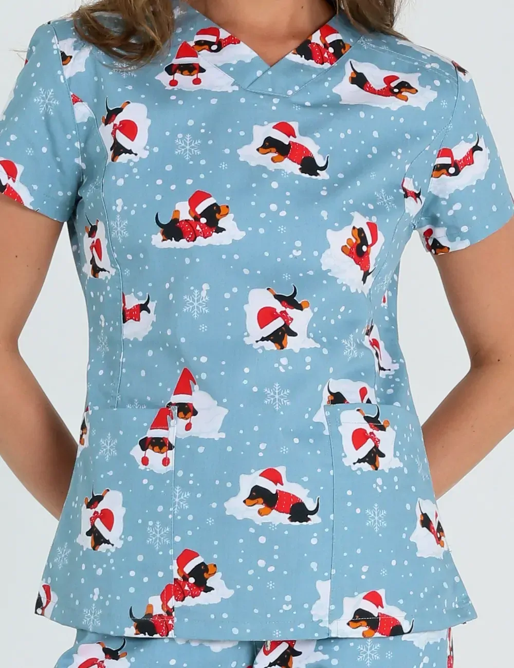 Dachshund Doggy Christmas Snuggles Women's Slim Fit Scrub Top - XL - 1