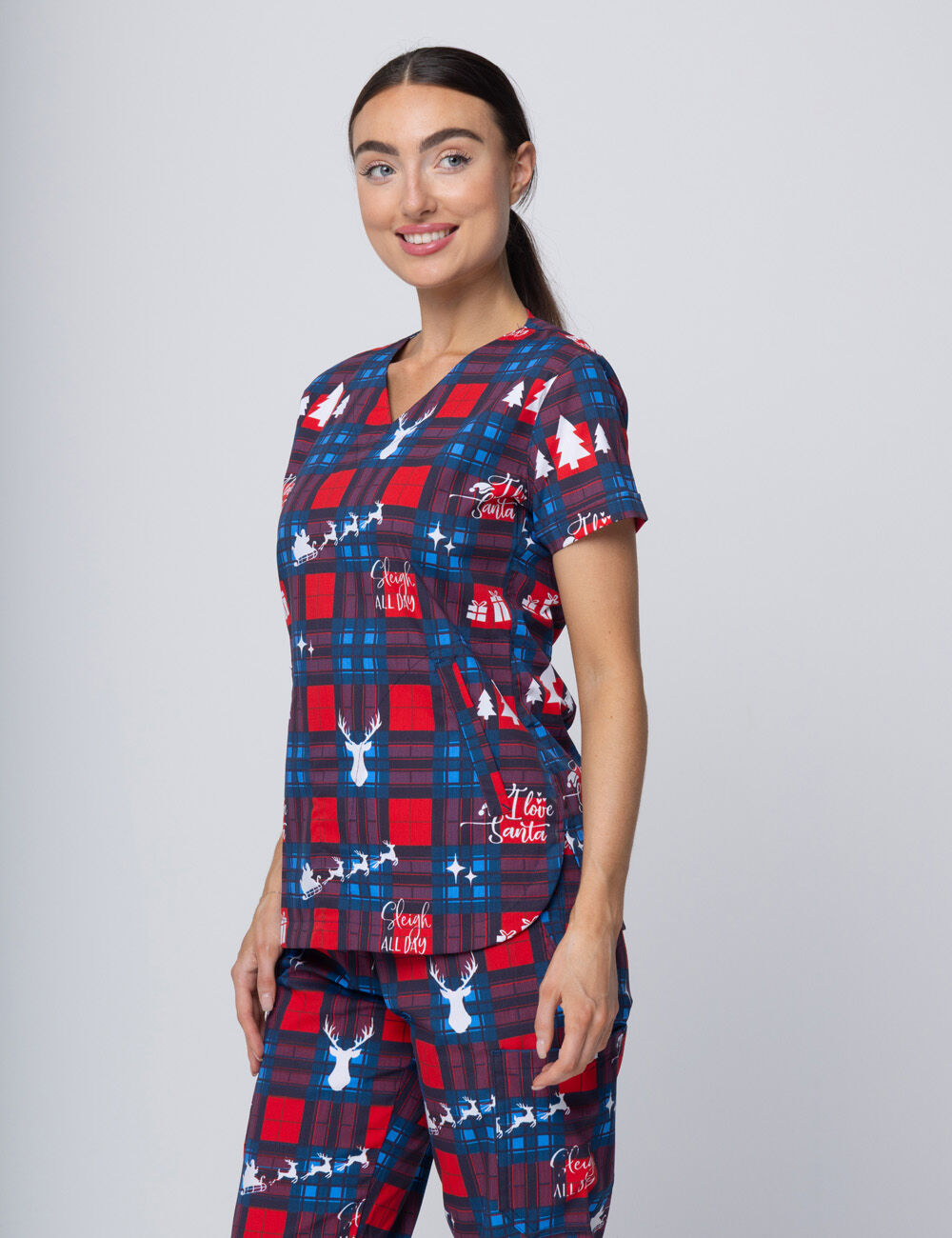 I Love Santa Tartan Women's Luxe Scrub Top - XL - 1