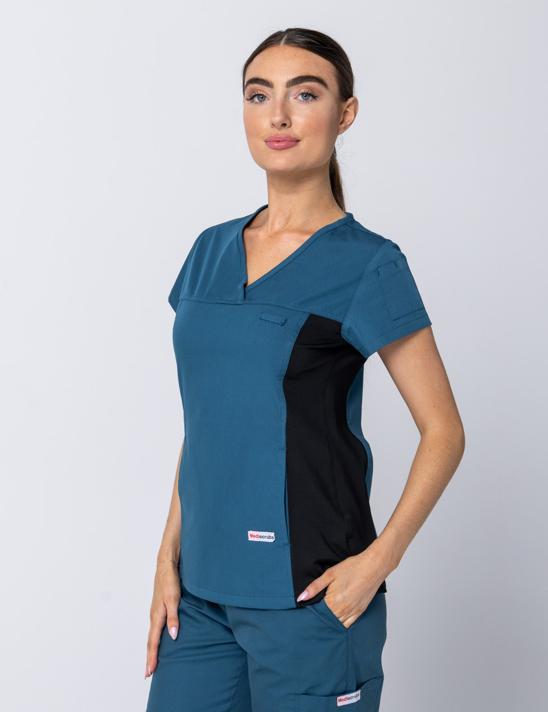 Women's Fit Scrub Top With Spandex Panel - Caribbean - Small - 1