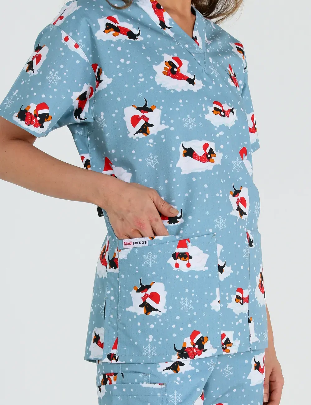 Dachshund Doggy Christmas Snuggles Women's Classic Scrub Top - XXS - 2