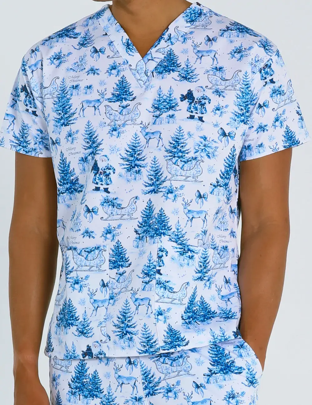 Noel Heritage Christmas Toile Men's Classic Scrub Top - XXS - 2