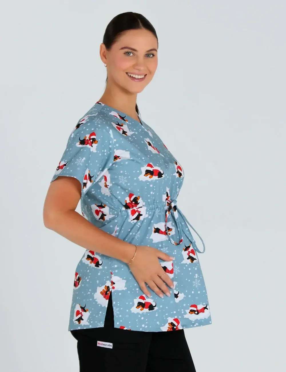 Dachshund Doggy Christmas Snuggles Women's Maternity Scrub Top - XL - 2