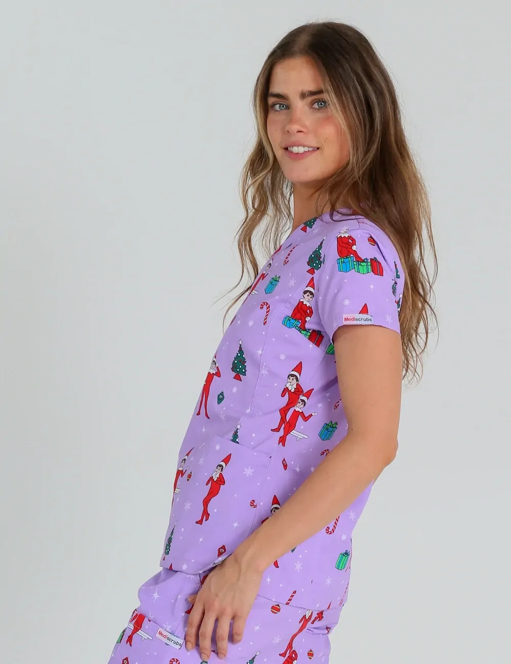 It's Christmastime Women's Slim Fit Scrub Top featuring The Elf on the Shelf® - XXS - 2