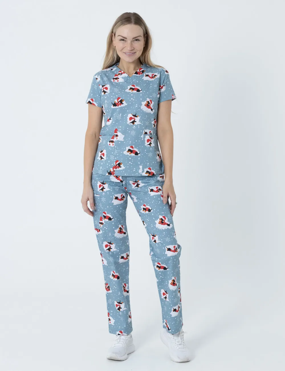 Dachshund Doggy Christmas Snuggles Women's Slim Fit Scrub Top - XXS - 2