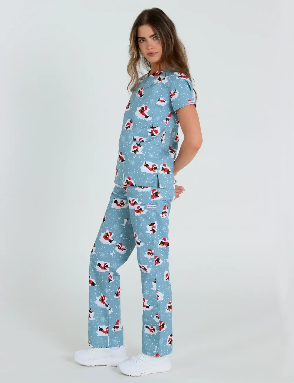 Dachshund Doggy Christmas Snuggles Women's Slim Fit Scrub Top - XS - 2