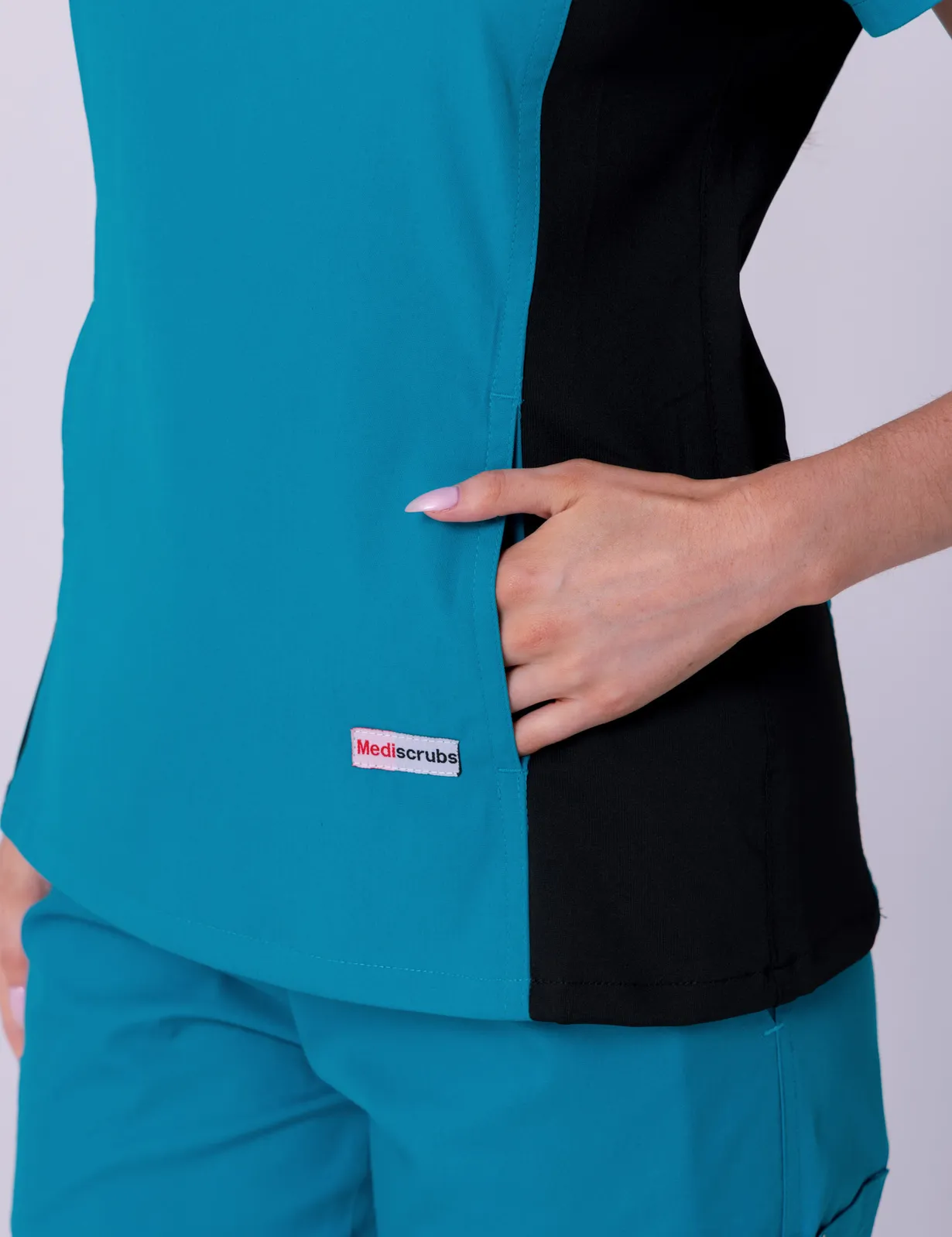 Women's Fit Scrub Top With Spandex Panel - Teal - Medium - 2