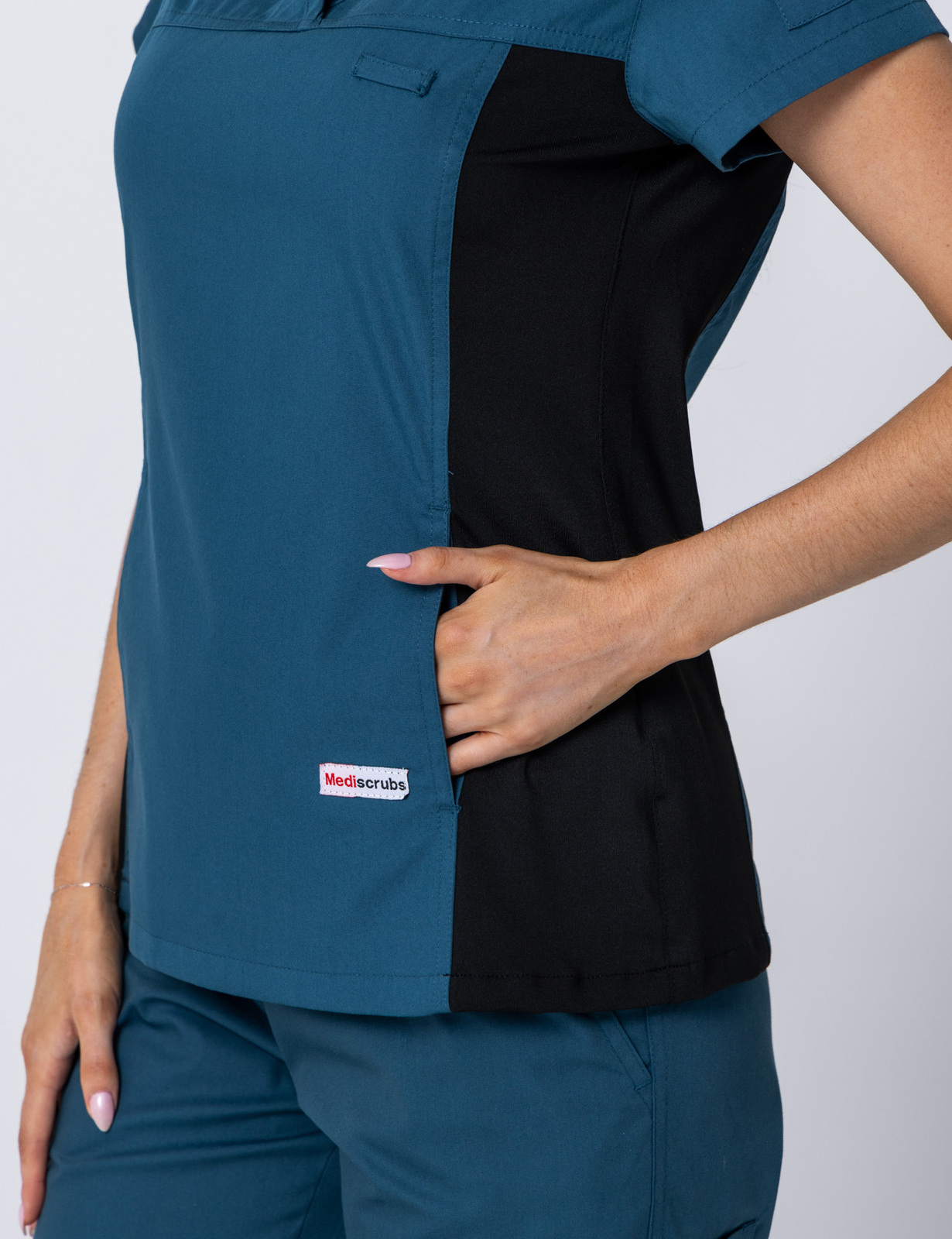 Women's Fit Scrub Top With Spandex Panel - Caribbean - Large - 2