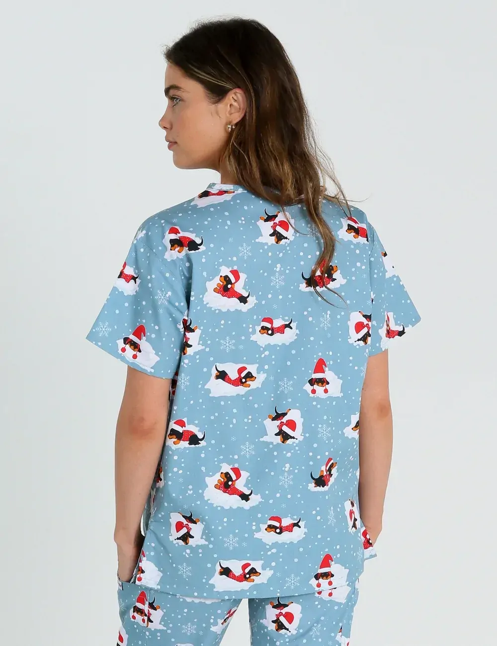 Dachshund Doggy Christmas Snuggles Women's Classic Scrub Top - XL - 3