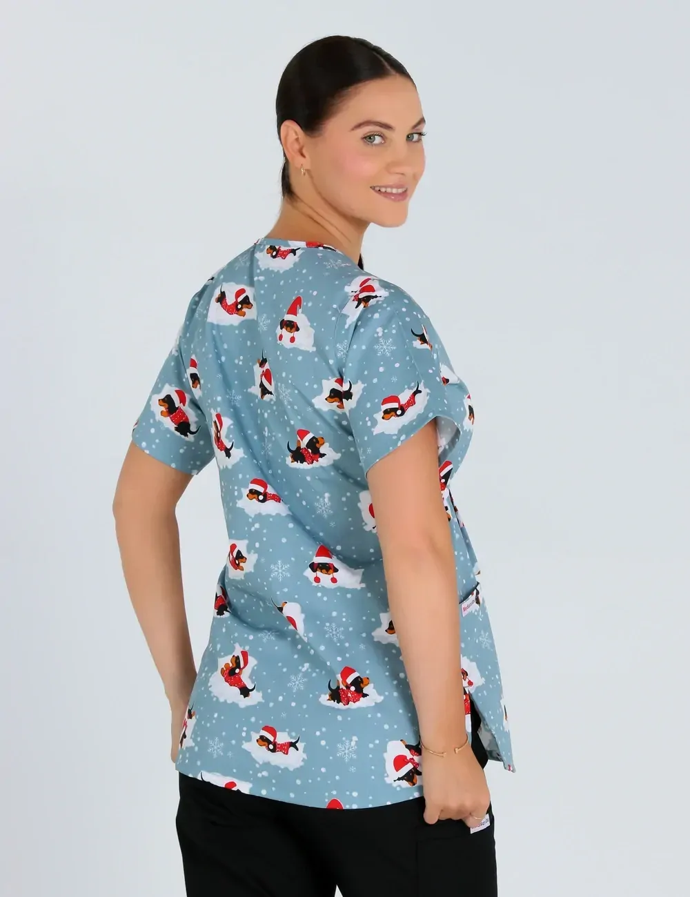 Dachshund Doggy Christmas Snuggles Women's Maternity Scrub Top - XL - 3