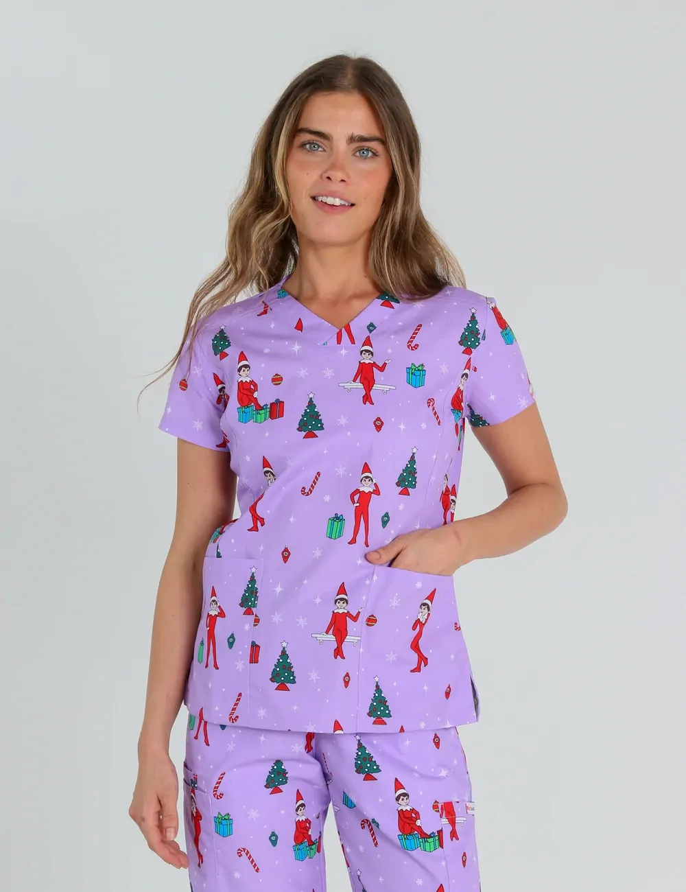 It's Christmastime Women's Slim Fit Scrub Top featuring The Elf on the Shelf® - XXS - 3