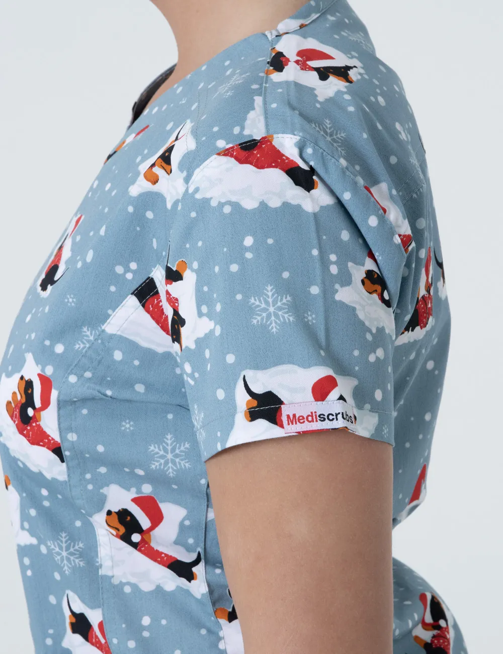 Dachshund Doggy Christmas Snuggles Women's Slim Fit Scrub Top - XXS - 3