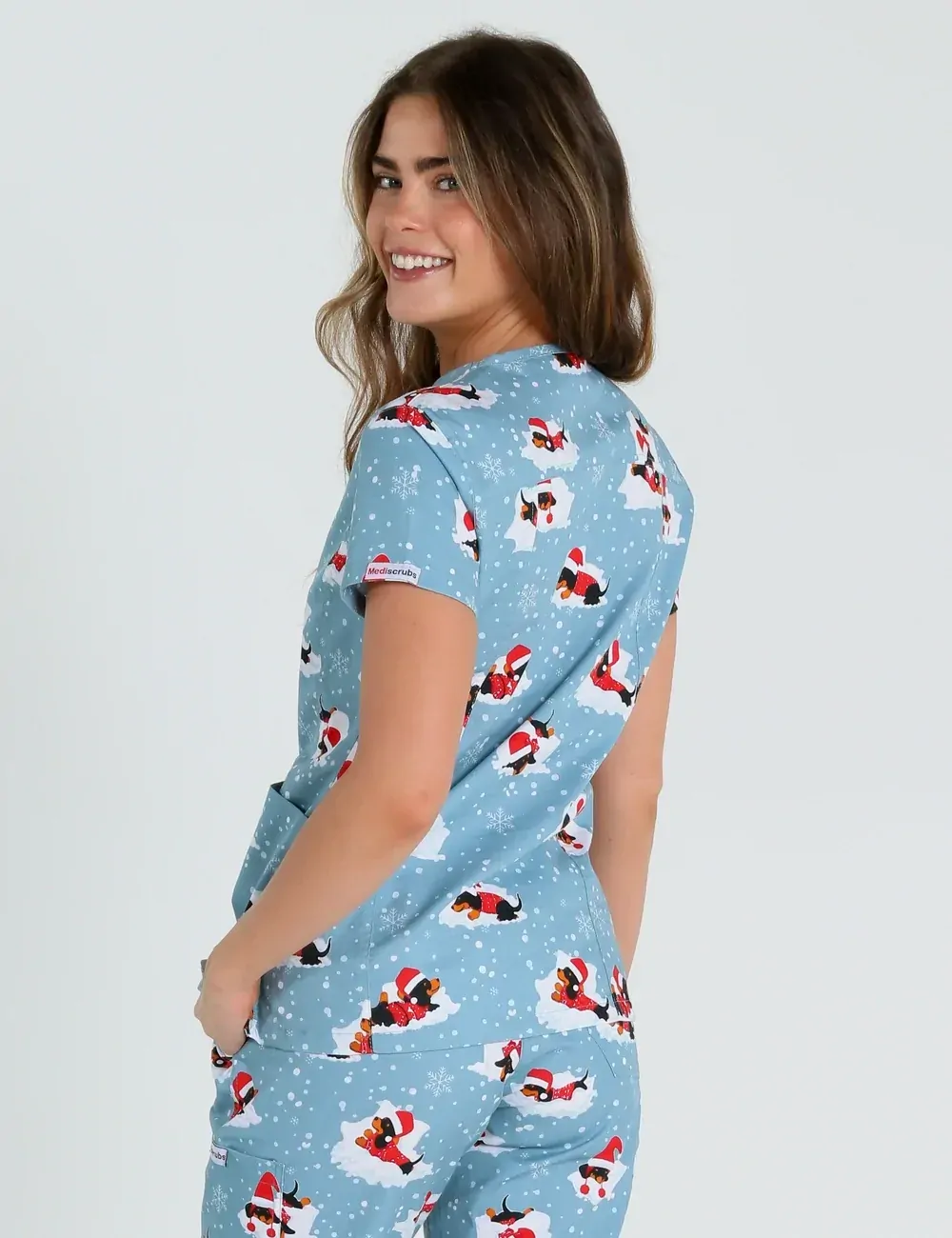 Dachshund Doggy Christmas Snuggles Women's Slim Fit Scrub Top - XL - 3