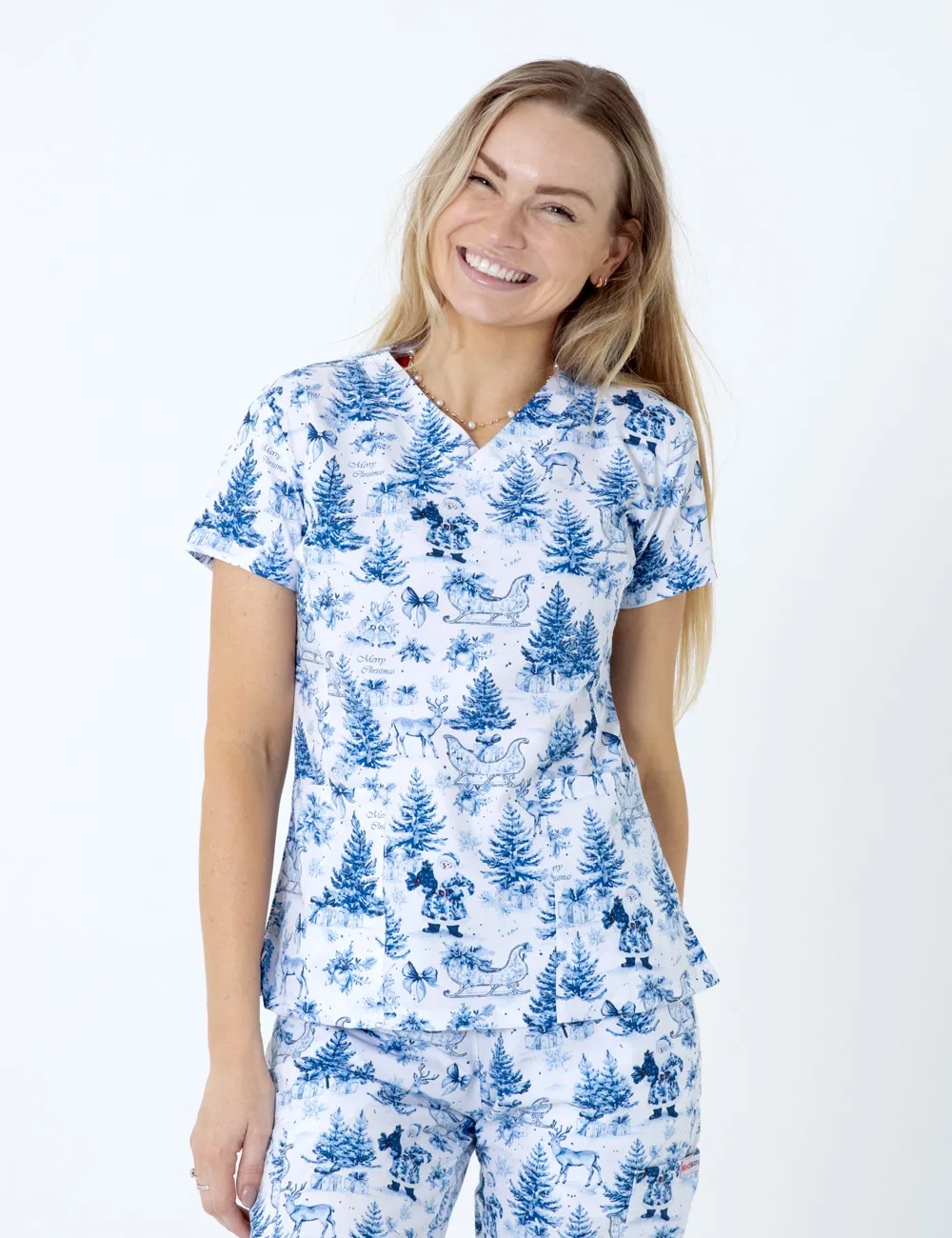 Noel' Heritage Christmas Toile Women's Slim Fit Scrub Top - XXS - 3