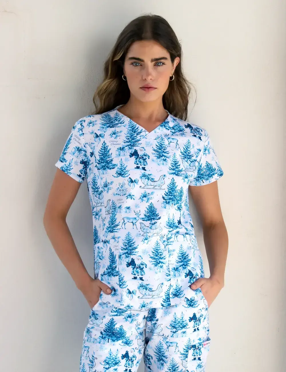 Noel Heritage Christmas Toile Women's Slim Fit Scrub Top - XS - 3