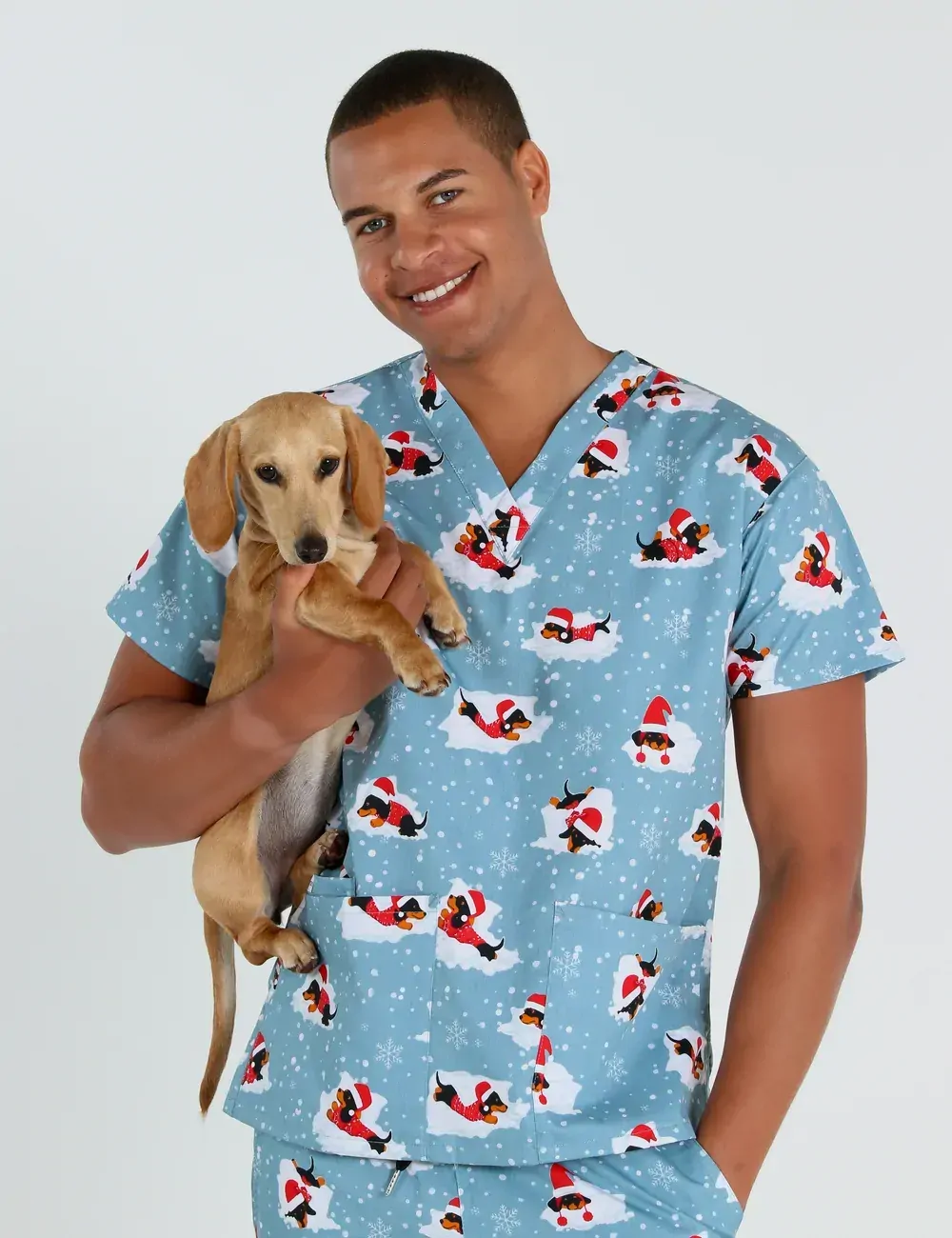 Dachshund Doggy Christmas Snuggles Men's Classic Scrub Top - XL - 4