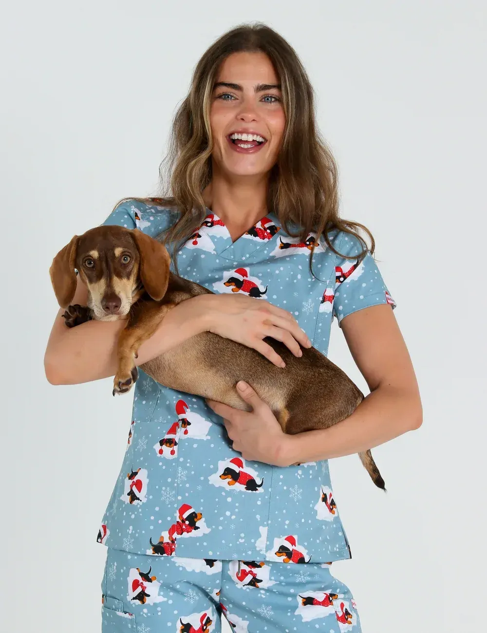 Dachshund Doggy Christmas Snuggles Women's Slim Fit Scrub Top - XL - 4
