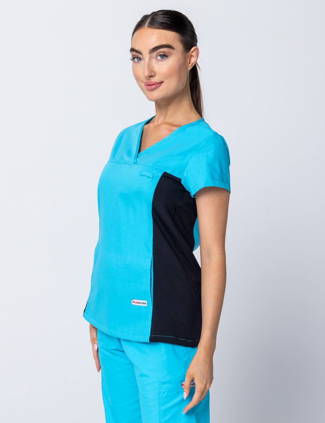 Women's Fit Scrub Top With Spandex Panel - Aqua - 3X Large - 4