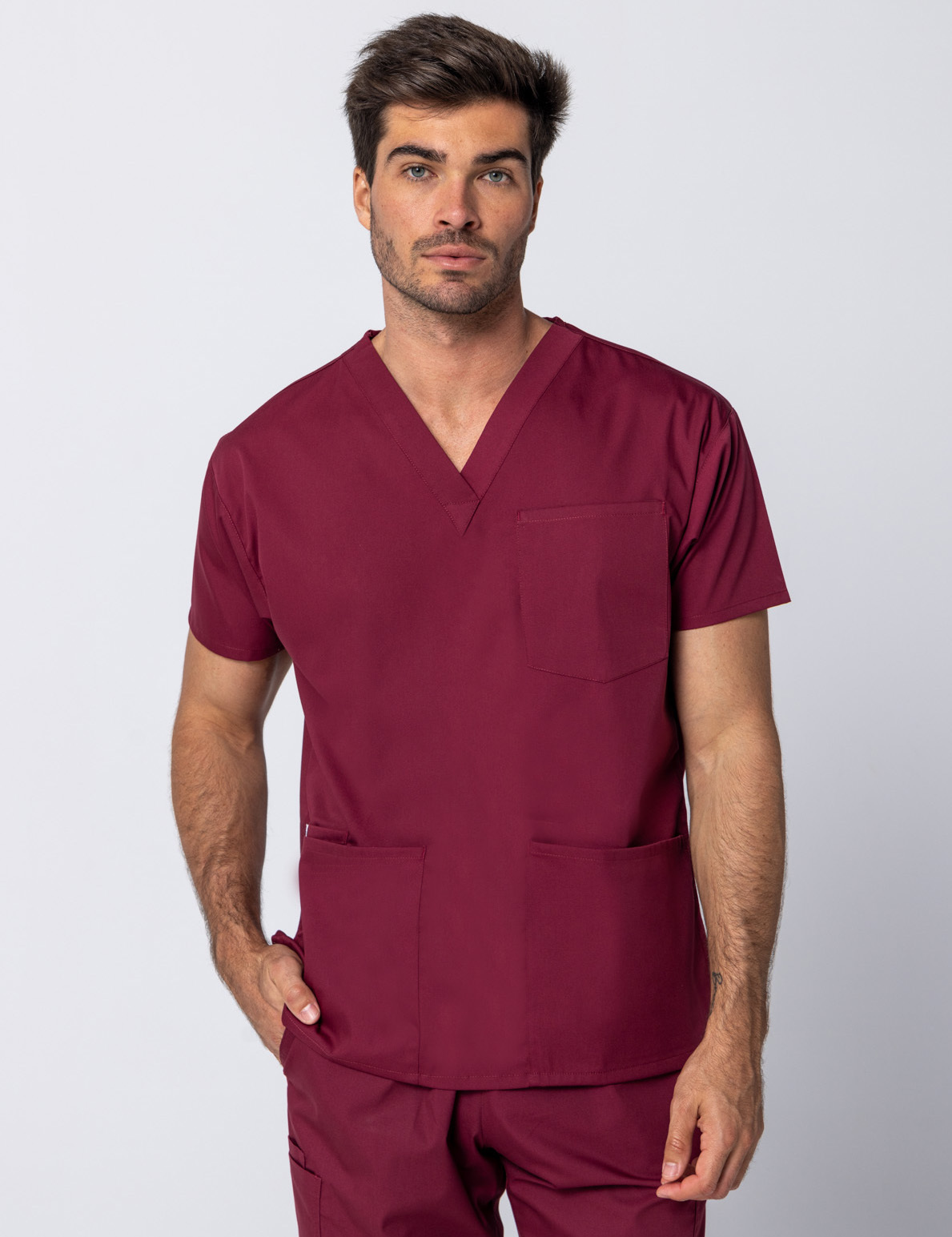 Men's 4 Pocket Scrub Top - Burgundy - XX Small