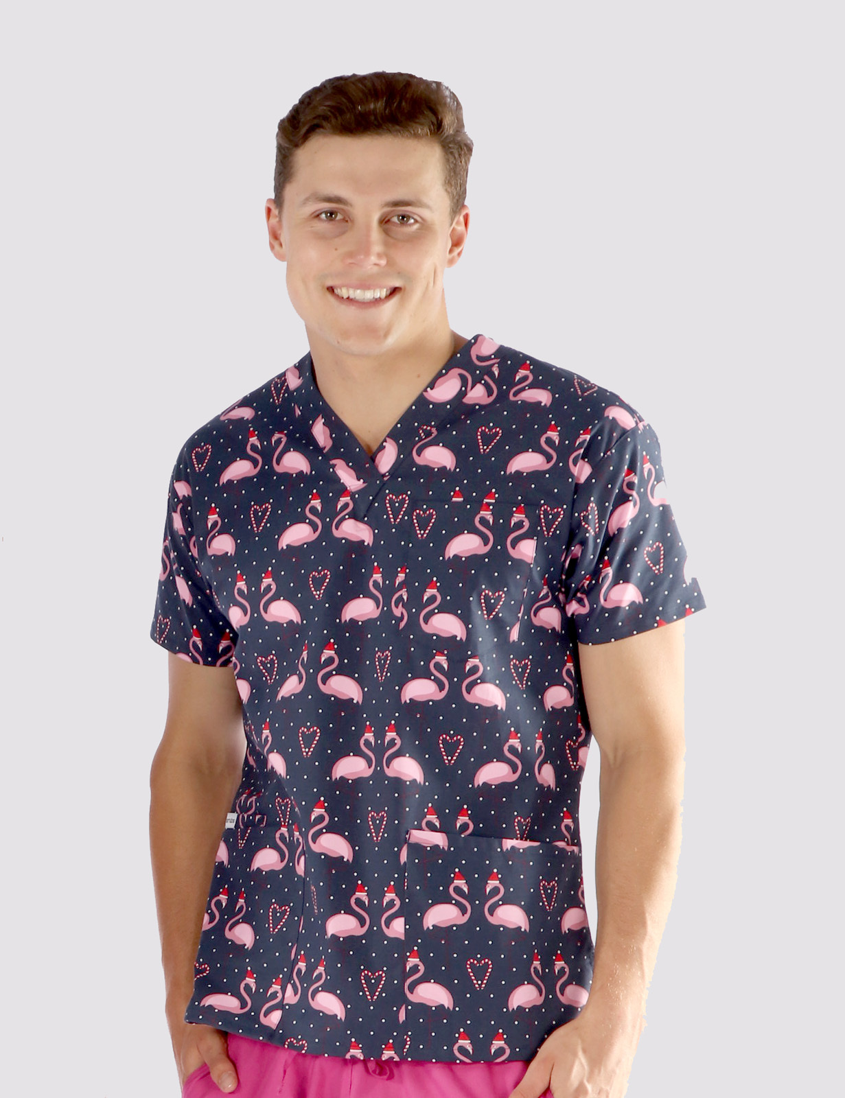 Men's Xmas Print - 4 Pocket Scrub Top - Flamingo Christmas